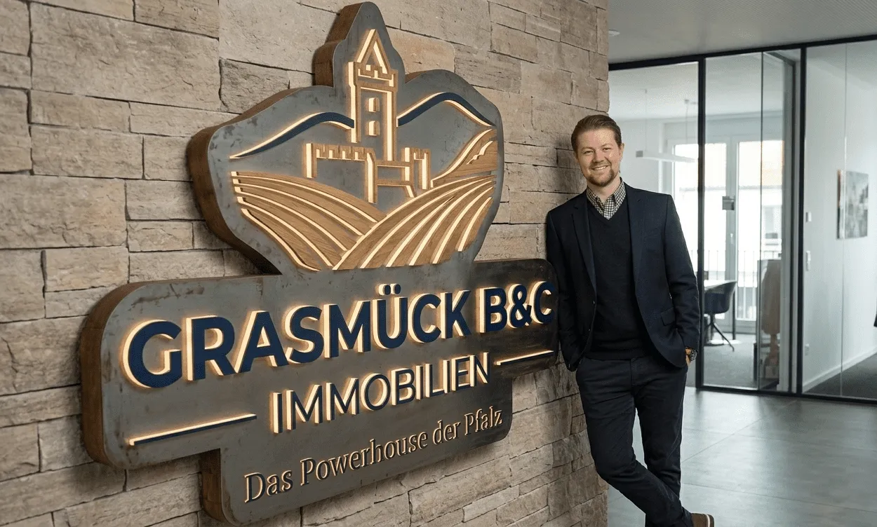 Tobias Grasmück vor dem Grasmück B&C Immobilien Logo